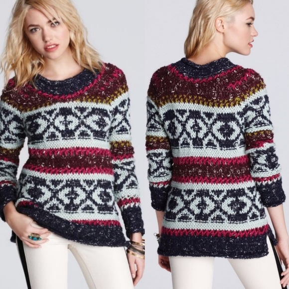 Free People Silver Reed Fair Isle Chunky Knit Sweater Small - Picture 2 of 11